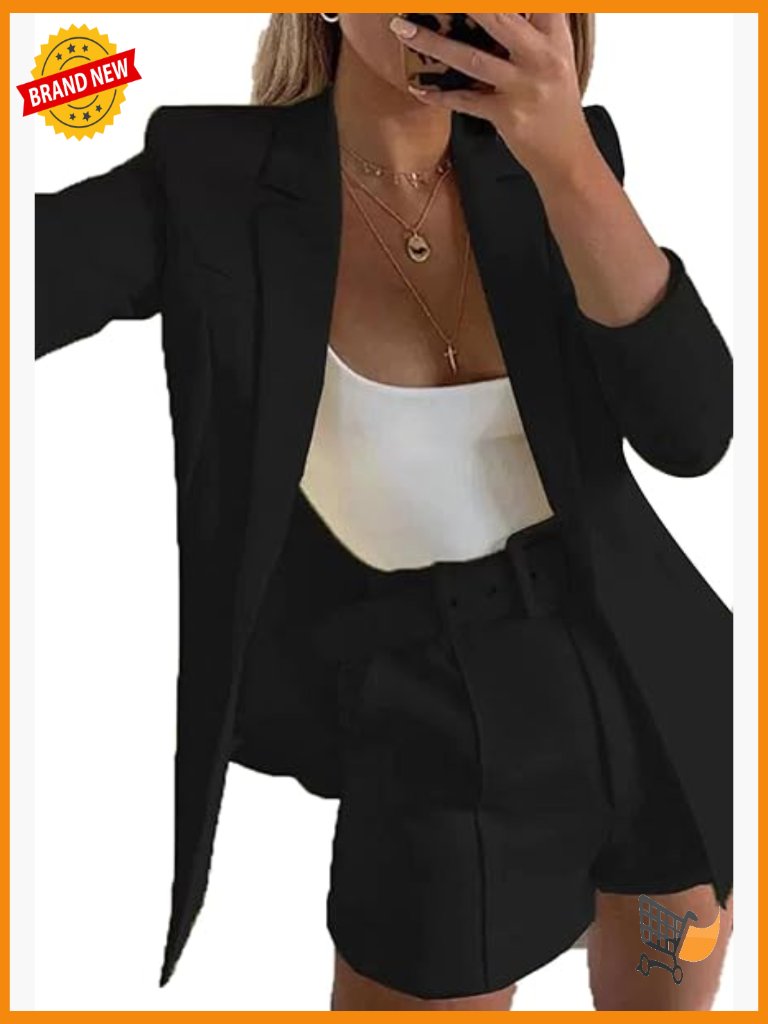 Women's Blazer Shorts Suit Set Long Sleeve Open Front Jacket With Belt Business